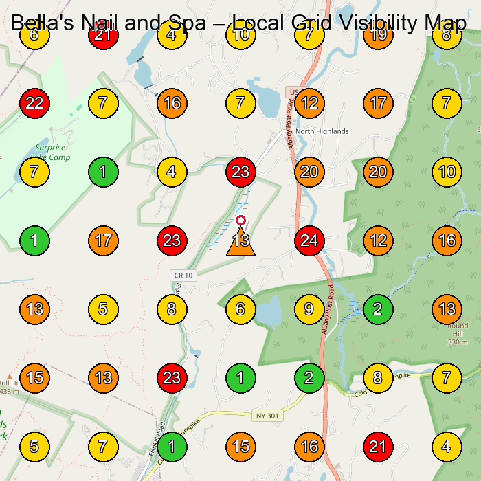 Bella's Nail and Spa Nail Salon GeoGrid ranking map for Cold Spring NY